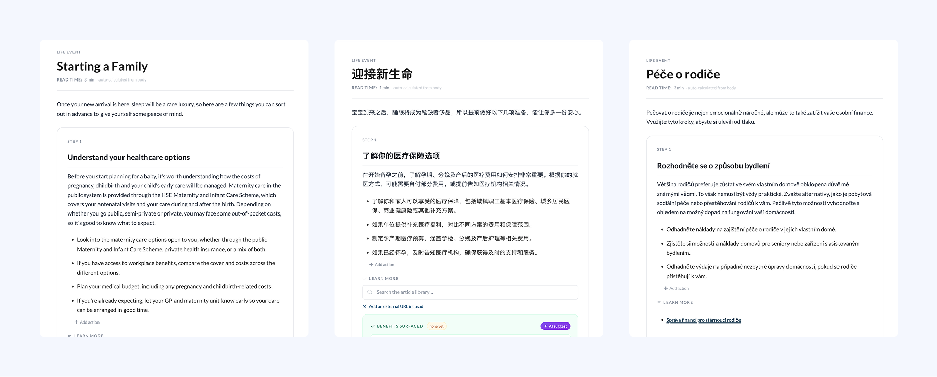 One Life Event article — Starting a Family — localized side-by-side across three markets: English for Ireland, Simplified Chinese, and Czech, each rewritten with local facts and voice rather than translated